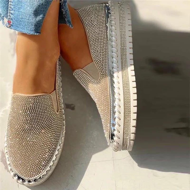 Women glitter espadrille slip-on flats with rhinestone upper and memory foam in beige on Tampa Home & Garden Store