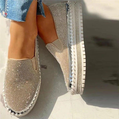Women glitter espadrille slip-on flats with rhinestone upper and memory foam in beige on Tampa Home & Garden Store