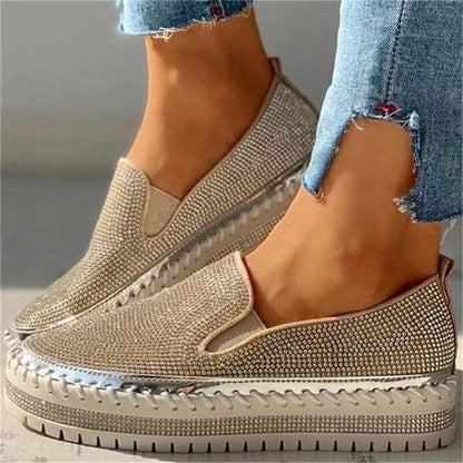 Stevvex women glitter espadrille loafers beige mesh slip-ons with platform sole on Tampa Home & Garden Store