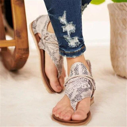 Women Stevvex snake print flat sandals open-toe T-strap back zipper casual beach footwear on Tampa Home & Garden Store