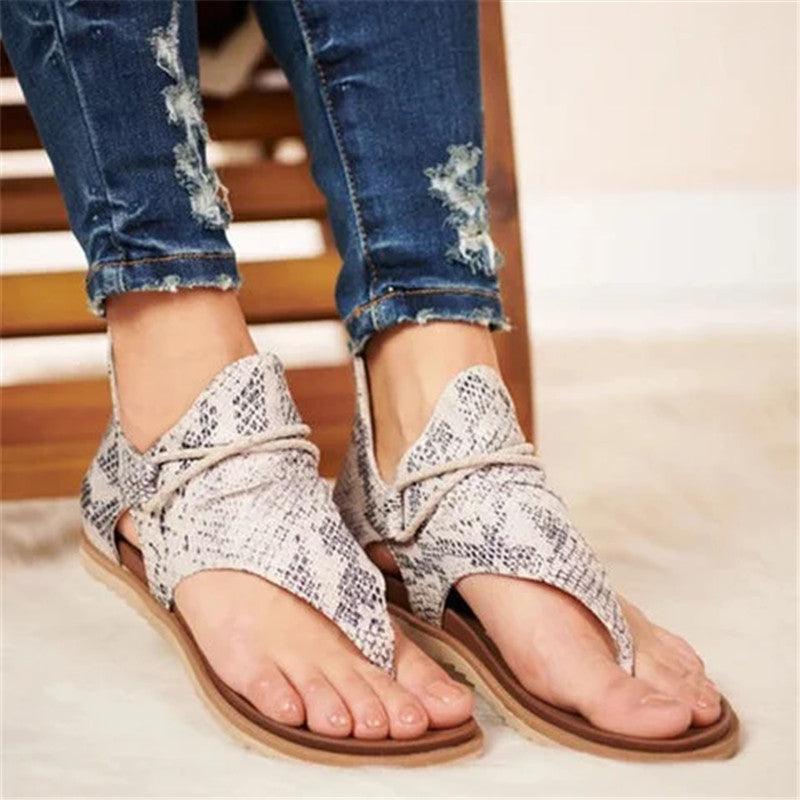 Snake print flat sandals Stevvex with open toe and back zipper beige leather casual footwear on Tampa Home & Garden Store