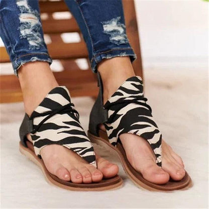 Stevvex zebra print flat sandals open-toe with back zipper for women on Tampa Home & Garden Store