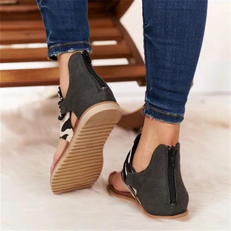 Stevvex women flat sandals leopard print back zipper T-strap gray upper tan sole open toe on Tampa Home & Garden Store