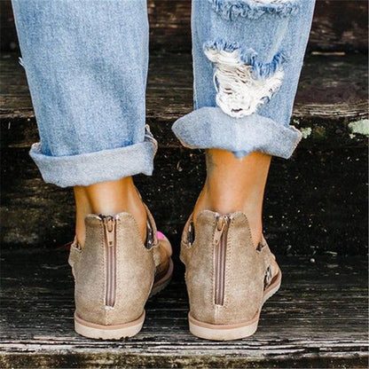 Women flat sandals tan faux-leather with back zipper open-toe casual summer footwear on Tampa Home & Garden Store