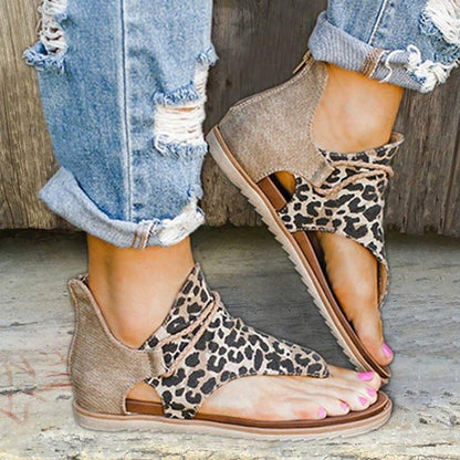 Stevvex leopard print flat sandals with T-strap and back zipper open toe sandals for women on Tampa Home & Garden Store