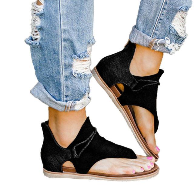 Stevvex women flat sandals in black suede with open toe and back zipper on Tampa Home & Garden Store