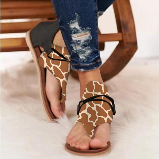 Women flat sandals Stevvex animal print open-toe T-strap with back zipper on Tampa Home & Garden Store