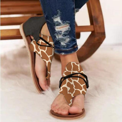 Women flat sandals Stevvex animal print open-toe T-strap with back zipper on Tampa Home & Garden Store