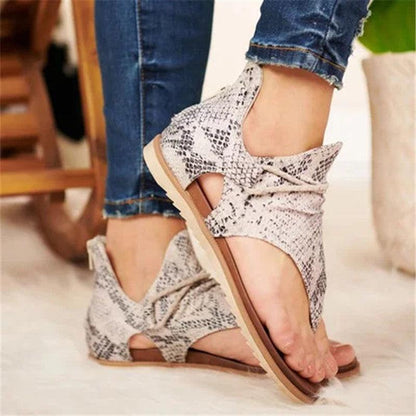 Stevvex women flat sandals leopard snake print leather open-toe with back zipper and T-strap on Tampa Home & Garden Store