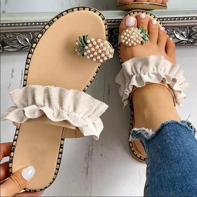 Women Stevvex yellow flat sandals with pineapple pearl embellishment and ruffled strap, 2 shown on Tampa Home & Garden Store