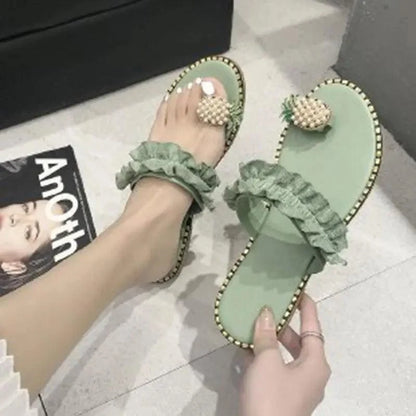 Stevvex women's flat mint green sandals with pineapple bead ornament and ruffled strap on Tampa Home & Garden Store