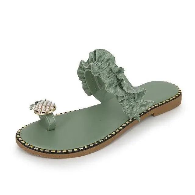 Women's green ruffle-strap flat sandal with jeweled toe ring Stevvex ST78755HKU sandals on Tampa Home & Garden Store