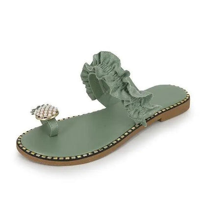 Women's green ruffle-strap flat sandal with jeweled toe ring Stevvex ST78755HKU sandals on Tampa Home & Garden Store