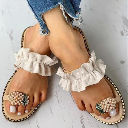 Stevvex women's flat yellow sandals with pineapple pearl ornament and white ruffle straps on Tampa Home & Garden Store