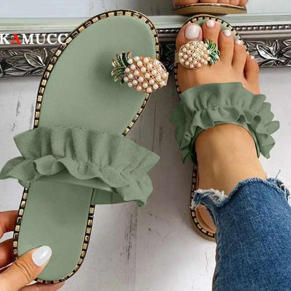 Stevvex ST78755HKU sandals pair with pineapple pearl accents, green ruffle strap gold trim on Tampa Home & Garden Store