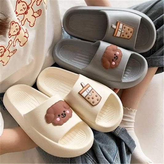 Stevvex women's indoor soft non-slip open-toe slippers 3-pcs cream/gray with bear & snack patches on Tampa Home & Garden Store