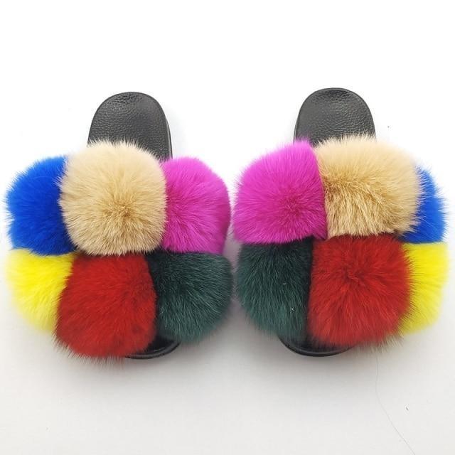 Stevvex Women fluffy faux fur slides, multicolor plush fur straps on black sole, pair on Tampa Home & Garden Store