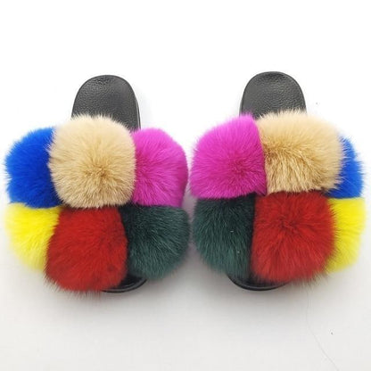 Stevvex Women fluffy faux fur slides, multicolor plush fur straps on black sole, pair on Tampa Home & Garden Store