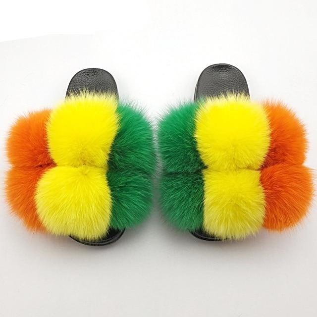 Stevvex women's fluffy faux fur slides with yellow-green-orange uppers; pair on Tampa Home & Garden Store
