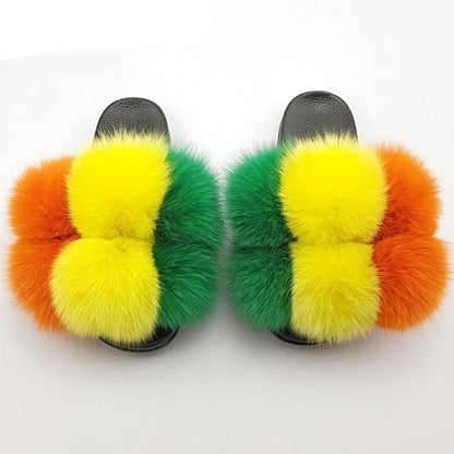 Stevvex women's fluffy faux fur slides with yellow-green-orange uppers; pair on Tampa Home & Garden Store