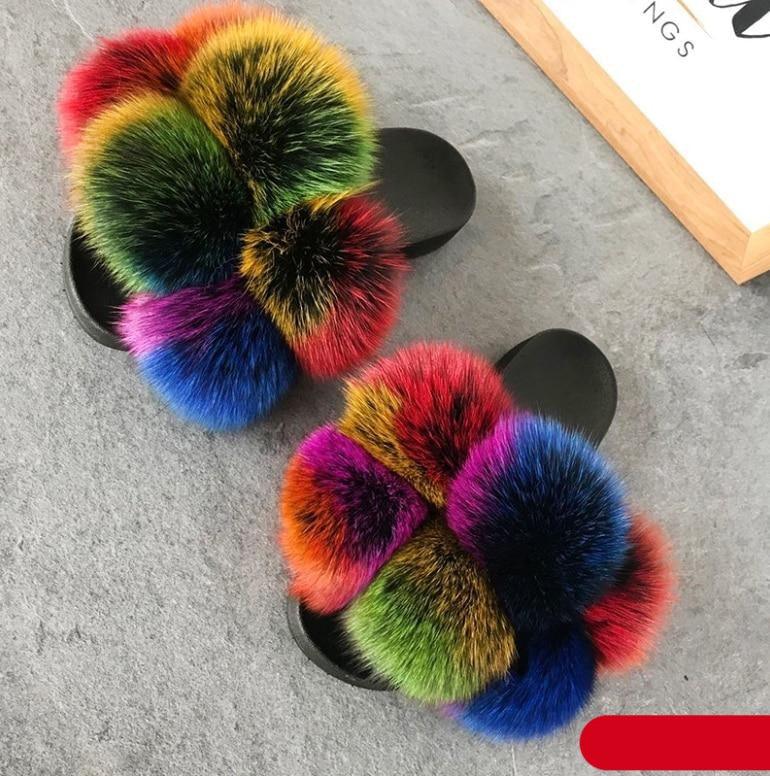 Women Fluffy Faux Fur Slides by Stevvex, rainbow fur straps, black soles, pair on Tampa Home & Garden Store