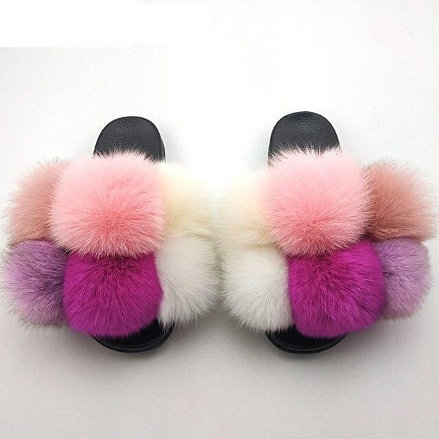 Women fluffy faux fur slides by Stevvex with multicolor pastel fur straps slippers on Tampa Home & Garden Store
