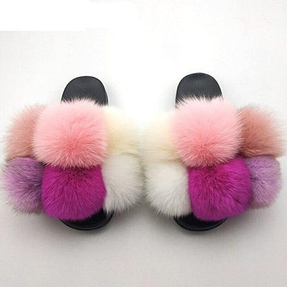 Women fluffy faux fur slides by Stevvex with multicolor pastel fur straps slippers on Tampa Home & Garden Store