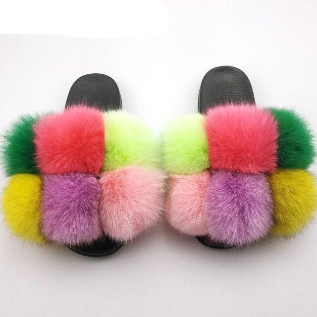 Stevvex women rainbow fluffy faux fur slides pair, multicolor plush house slippers on Tampa Home & Garden Store