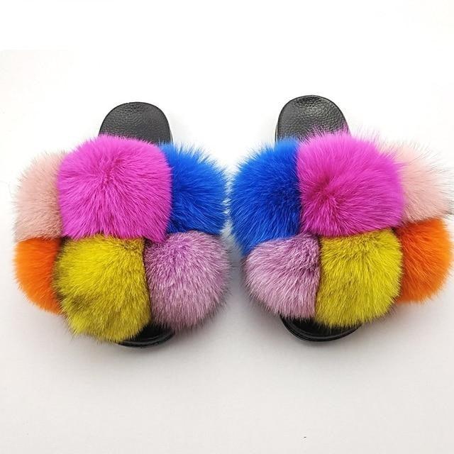 Women Stevvex fluffy faux fur slides with pom-poms pair of slippers on Tampa Home & Garden Store on Tampa Home & Garden Store