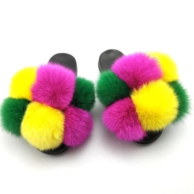 Women Fluffy Faux Fur Slides by Stevvex, two colorful pom-puff pairs in multicolor slippers on Tampa Home & Garden Store
