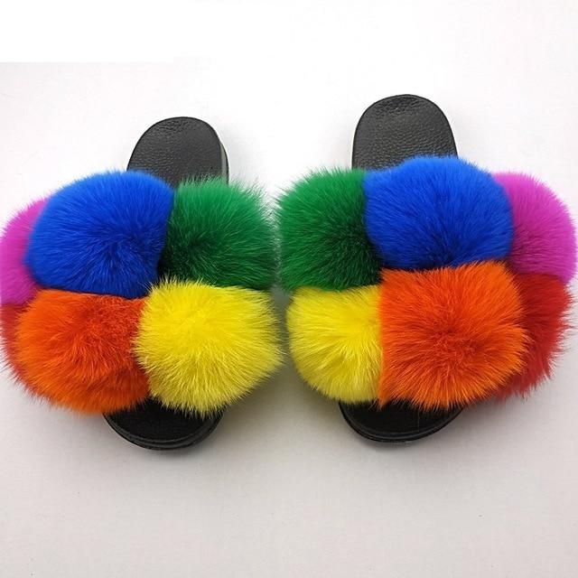 Women Stevvex fluffy faux fur slide sandals with multicolor pom-pom straps, pair on Tampa Home & Garden Store
