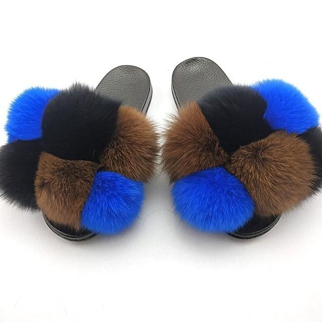 Stevvex women’s fluffy faux fur slides with blue brown black pompoms, pair of slippers on Tampa Home & Garden Store