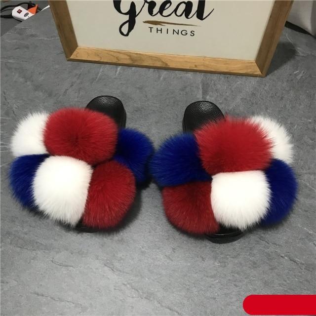 Stevvex Fluffy Faux Fur Slides, red white blue pom-pom slippers ST85SH3300BPL pair on Tampa Home & Garden Store
