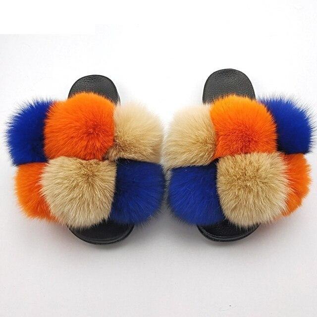 Womens fluffy faux fur slides by Stevvex in multicolor orange blue beige pom-poms pair on Tampa Home & Garden Store