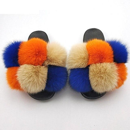 Womens fluffy faux fur slides by Stevvex in multicolor orange blue beige pom-poms pair on Tampa Home & Garden Store