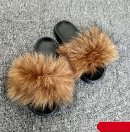 Women fluffy faux fur slides Stevvex, brown fur strap, black sole pair on Tampa Home & Garden Store