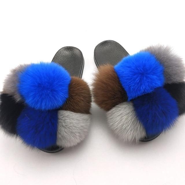 Women Stevvex fluffy faux fur slides with blue brown gray fur straps, pair of slippers on Tampa Home & Garden Store
