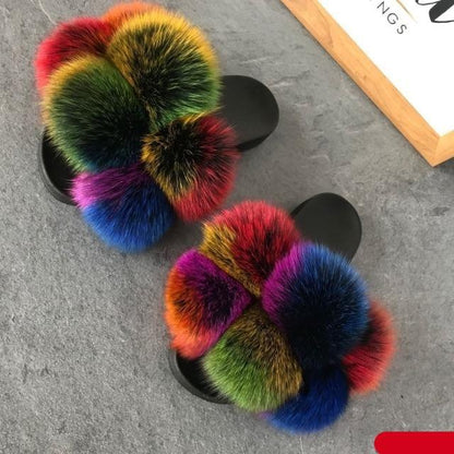 Women Fluffy Faux Fur Slides by Stevvex with rainbow pom-poms and black soles, pair on Tampa Home & Garden Store