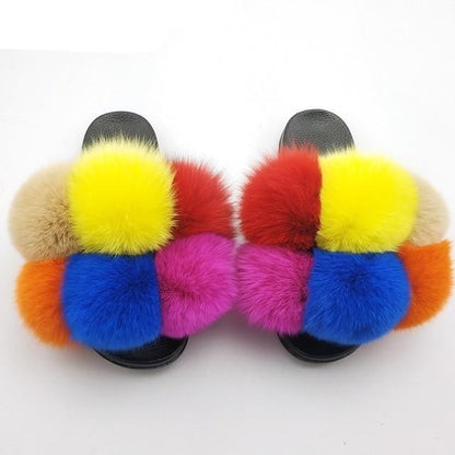 Stevvex women fluffy faux fur slides with multicolor rainbow straps, pair of slippers on Tampa Home & Garden Store