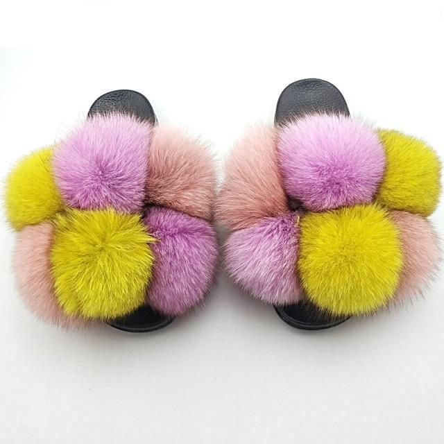 Women fluffy faux fur slides by Stevvex with multi-color pom fur, pair on Tampa Home & Garden Store