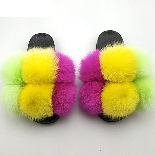 Stevvex pair of fluffy faux fur slides for women with neon lime, magenta fur on black soles on Tampa Home & Garden Store