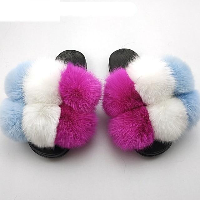 Stevvex Women Fluffy Faux Fur Slides pair with blue white magenta fur bands black sole on Tampa Home & Garden Store
