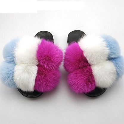 Stevvex Women Fluffy Faux Fur Slides pair with blue white magenta fur bands black sole on Tampa Home & Garden Store