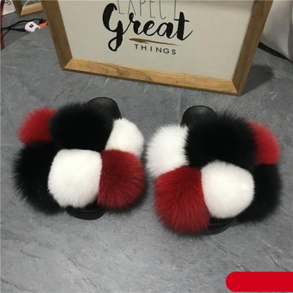 Women fluffy faux fur slides and house slippers with red black white bands, 2 slippers on Tampa Home & Garden Store