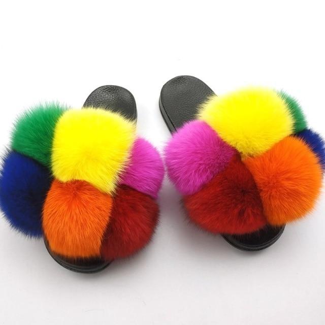 Women Stevvex ST85SH3300BPL fluffy faux fur slides, multicolor fur straps, black soles pair, on Tampa Home & Garden Store