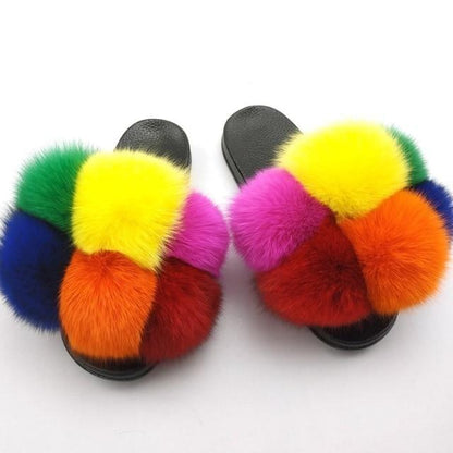 Women Stevvex ST85SH3300BPL fluffy faux fur slides, multicolor fur straps, black soles pair, on Tampa Home & Garden Store