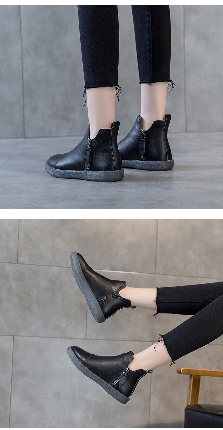 Stevvex women's genuine leather ankle boots, black with side zipper, fur-lined, anti-slip sole on Tampa Home & Garden Store