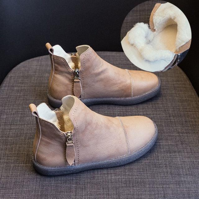 Stevvex women's genuine leather ankle boots with warm fur lining tan brown pair side zipper on Tampa Home & Garden Store