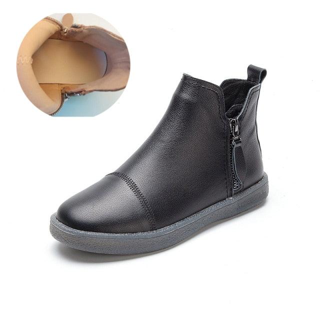 Women genuine leather ankle boots with warm fur lining, black boot, side zipper, grip sole on Tampa Home & Garden Store