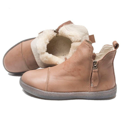 Women's Stevvex brown leather ankle boots with warm faux fur lining and side zipper on Tampa Home & Garden Store